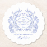 90th Birthday French Blue Floral Crest Custom Paper Coaster<br><div class="desc">An elegant French vintage blue floral crest takes centre stage on this timeless custom paper coaster. Ornate,  formal and very feminine will make any birthday lady feel very special. Coordinating party supplies are available.</div>