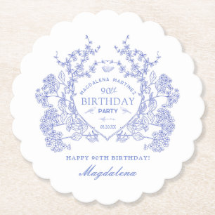 90th Birthday French Blue Floral Crest Custom Paper Coaster