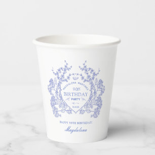 90th Birthday French Blue Floral Crest Custom Paper Cups