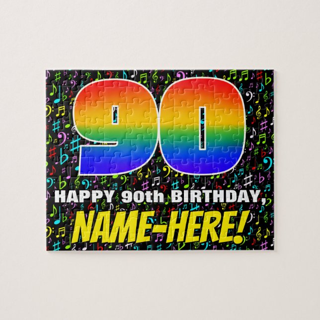 90th Birthday — Fun, Colorful Music Symbols & “90” Jigsaw Puzzle (Horizontal)