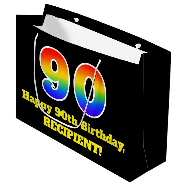 90th Birthday ~ Fun, Colourful, Vibrant, Rainbow 9 Large Gift Bag (Front Angled)