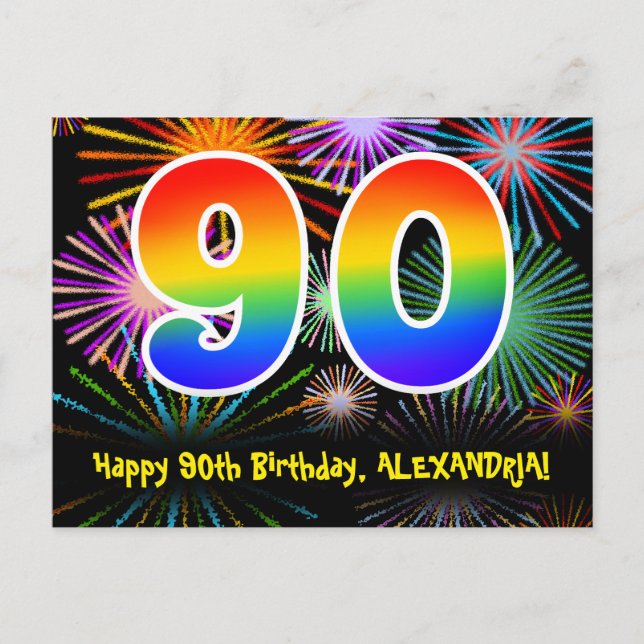 90th Birthday – Fun Fireworks Pattern + Rainbow 90 Postcard (Front)