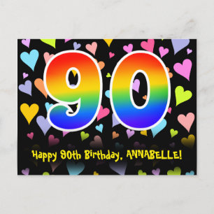 90th Birthday: Fun Hearts Pattern, Rainbow 90 Postcard