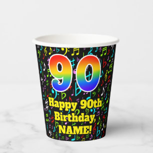 90th Birthday: Fun Music Notes Pattern, Rainbow 90 Paper Cups