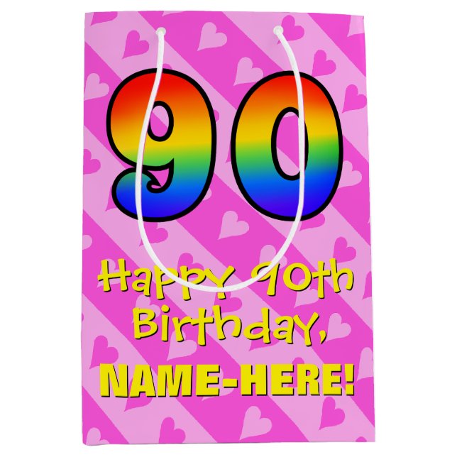 90th Birthday: Fun Pink Hearts Stripes; Rainbow 90 Medium Gift Bag (Front)