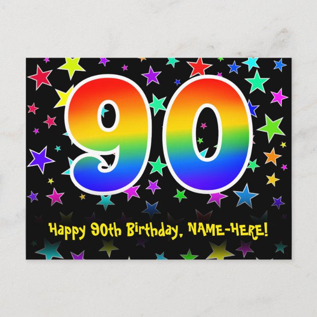 90th Birthday: Fun Stars Pattern, Rainbow 90, Name Postcard (Front)
