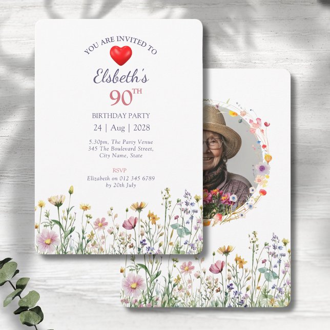 90th Birthday Garden Floral Wild Meadow Photo Invitation (90th birthday floral birthday party invitations with photo on a grey wood background)