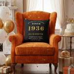 90th Birthday Gift Personalized 1936 Black Gold Cushion<br><div class="desc">Celebrate a remarkable milestone with this elegant and modern Personalized 90th Birthday Throw Pillow, the perfect gift for someone born in 1936 This custom accent pillow features the striking, bold text "BORN 1936", for that person loved for 90 years (and counting)" and allows you to add a custom name (e.g.,...</div>