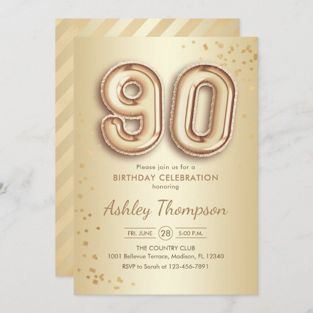 90th Birthday - Gold Balloons Invitation (Front/Back)
