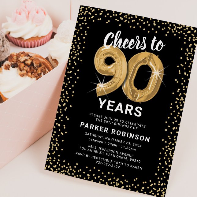 90th Birthday Gold Balloons Invitation (Creator Uploaded)
