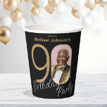 90th Birthday Gold Black Elegant Custom Photo  Paper Cups<br><div class="desc">90th Birthday Gold Black Elegant Custom Photo Paper Cups. Elevate your milestone celebration with an invitation design that epitomises understated elegance and chic minimalism. Our black and gold theme exudes sophistication, creating a refined atmosphere for your special day. The custom photo feature adds a personalised touch, ensuring that each invitation...</div>