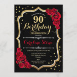 90th Birthday - Gold Black Red Roses Invitation<br><div class="desc">90th birthday celebration invitation.
Elegant black design with faux glitter gold and red roses.
Perfect for an elegant birthday party. Can be customized into any age.</div>