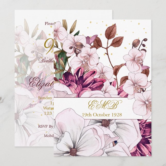 90th Birthday Gold  Burgundy Blush Floral Elegant Invitation (Front/Back)