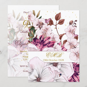90th Birthday Gold Burgundy Blush Floral Elegant Invitation