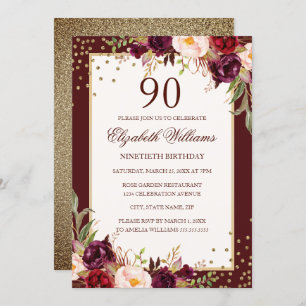 90th Birthday Gold Burgundy Floral Invitation