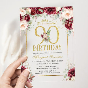 90th Birthday Gold Frame Burgundy Floral Femmine Acrylic Invitations
