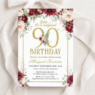 90th Birthday Gold Frame Burgundy Floral Femmine Invitation