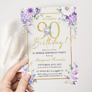 90th Birthday Gold Frame Dusty Purple Floral Acrylic Invitations