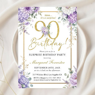 90th Birthday Gold Frame Dusty Purple Floral Invitation
