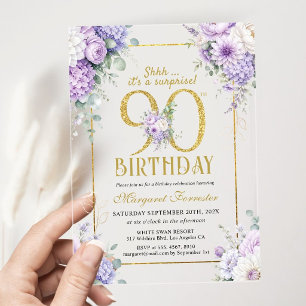 90th Birthday Gold Frame Purple Floral Femmine Acrylic Invitations