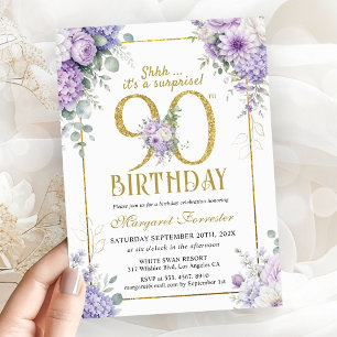 90th Birthday Gold Frame Purple Floral Femmine Invitation