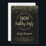 90th Birthday Gold Glitter Confetti Black Invitation<br><div class="desc">This milestone occasion calls for a party invite with gold glitter and confetti. A dynamic bold 90th birthday party invitation with gold glitter confetti on black. Sparkly,  and celebratory,  featuring a brush style script in contrast with a clean sans serif typeface.</div>