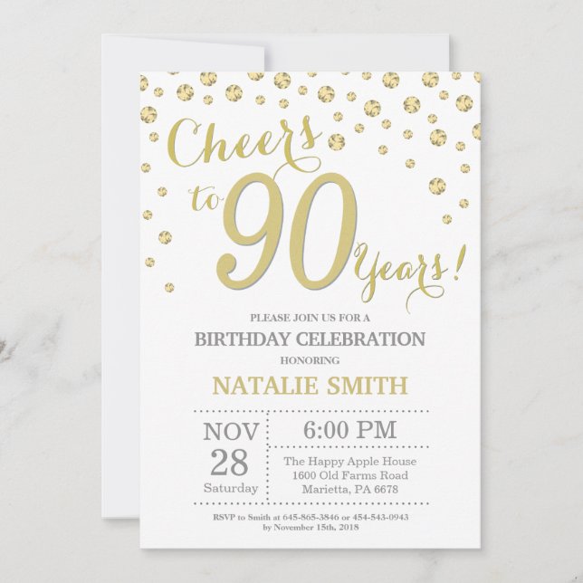 90th Birthday Gold Glitter Diamond Invitation (Front)