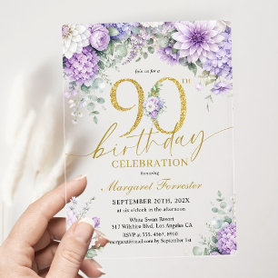 90th Birthday Gold Glitter Dusty Purple Floral Acrylic Invitations
