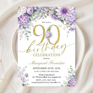 90th Birthday Gold Glitter Dusty Purple Floral Invitation