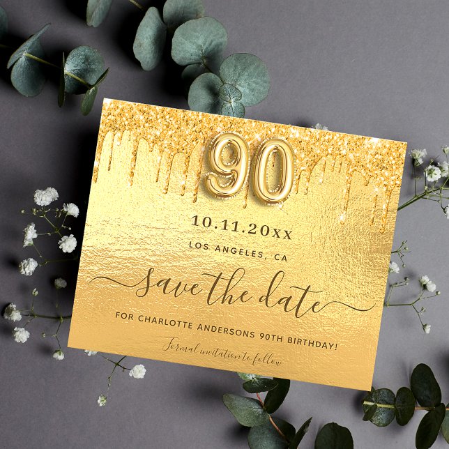 90th birthday gold glitter save the date card (Creator Uploaded)