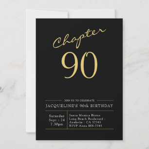 90th Birthday Gold Modern Script Black Invitation