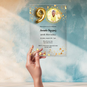 90th birthday gold photo stars clear acrylic invitations