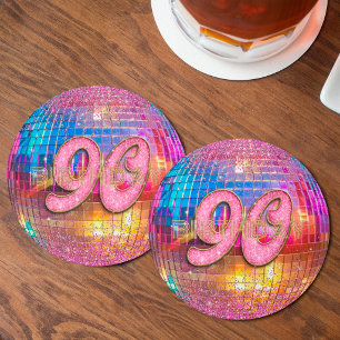 90th Birthday Gold Pink Glitter Dancing Disco Ball Round Paper Coaster