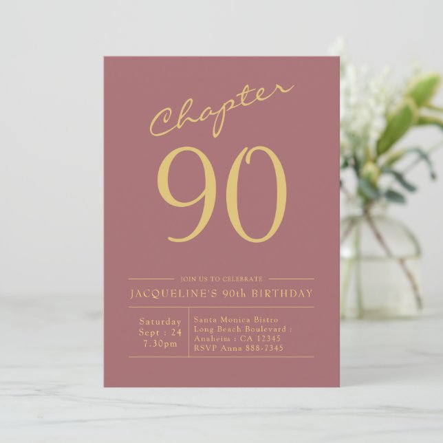90th Birthday Gold Pink Invitation (Standing Front)