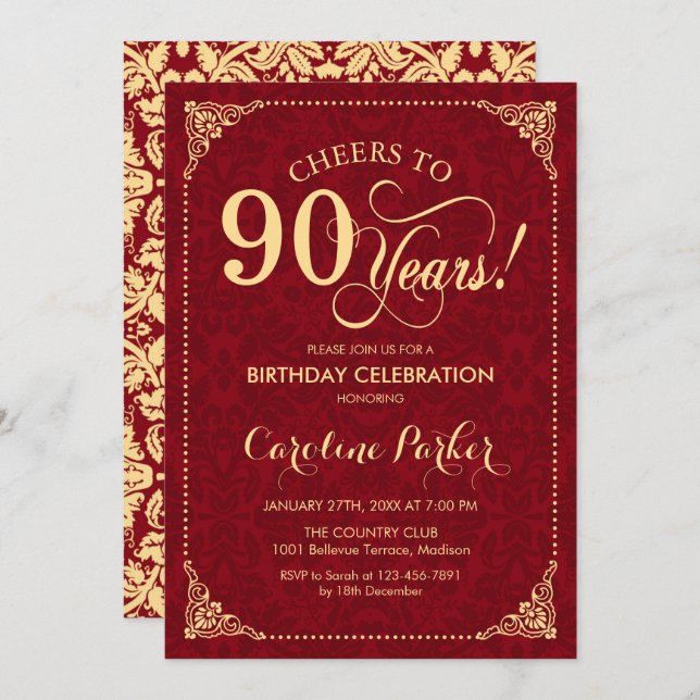 90th Birthday - Gold Red Damask Invitation (Front/Back)