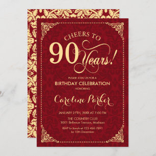 90th Birthday - Gold Red Damask Invitation