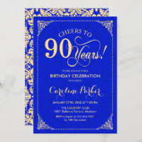 90th Birthday - Gold Royal Blue Damask