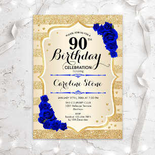 90th Birthday - Gold Stripes Royal Blue Roses Invitation