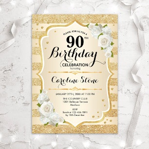 90th Birthday - Gold Stripes White Roses Invitation