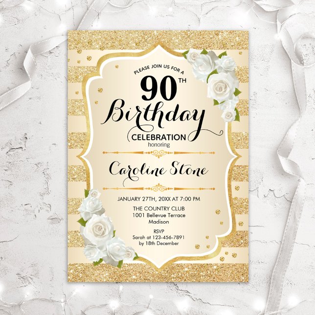 90th Birthday - Gold Stripes White Roses Invitation (Creator Uploaded)