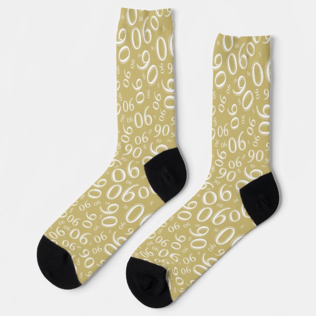 90th Birthday Gold/White Random Number Pattern 90 Socks (Left)