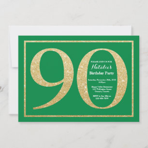 90th Birthday Green and Gold Glitter Invitation