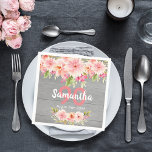 90th birthday grey wood blush pink floral rustic napkin<br><div class="desc">A rustic style napkin for 90th birthday party. With contemporary pink, peach and coral coloured watercolored dahlia flowers. A rustic grey painted wooden wall as background. Templates for a name, age and a date. Date of birth or the date of the party. The name is written with white coloured hand...</div>