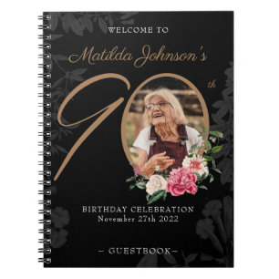 90th Birthday Guestbook Black Gold Floral Photo Notebook