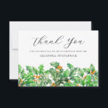 90th Birthday Holly December Birth Flower Custom Thank You Card<br><div class="desc">Elegant holly sprigs create a pretty flat birthday thank you card. Holly is the December Birth Flower. So this is a perfect floral design for a December birthday. Open and airy script spells thank you. Two lines of text let you personalise a thank you statement and your name. All of...</div>