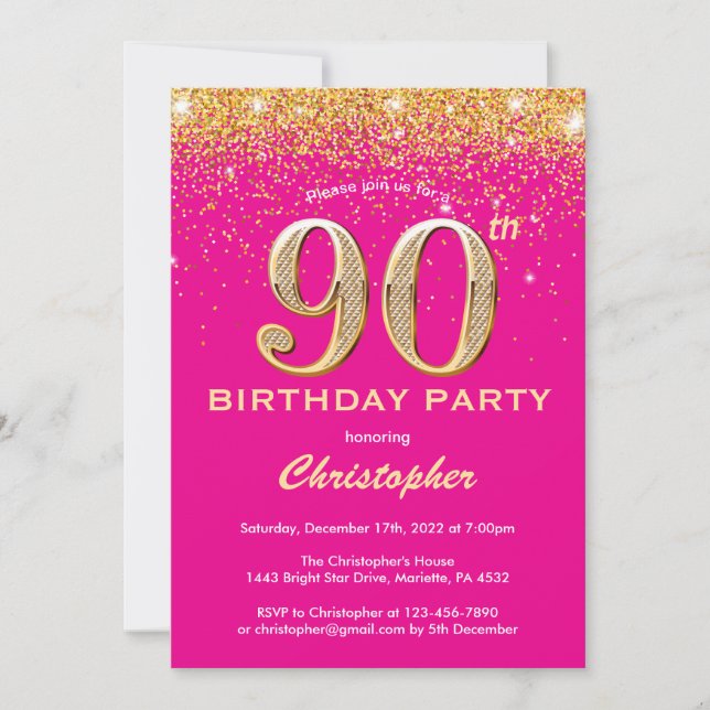 90th Birthday Hot Pink and Gold Glitter Confetti Invitation (Front)