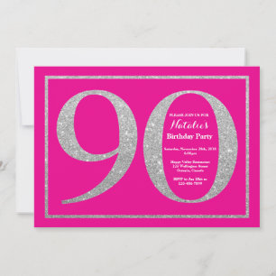 90th Birthday Hot Pink and Silver Glitter Invitation