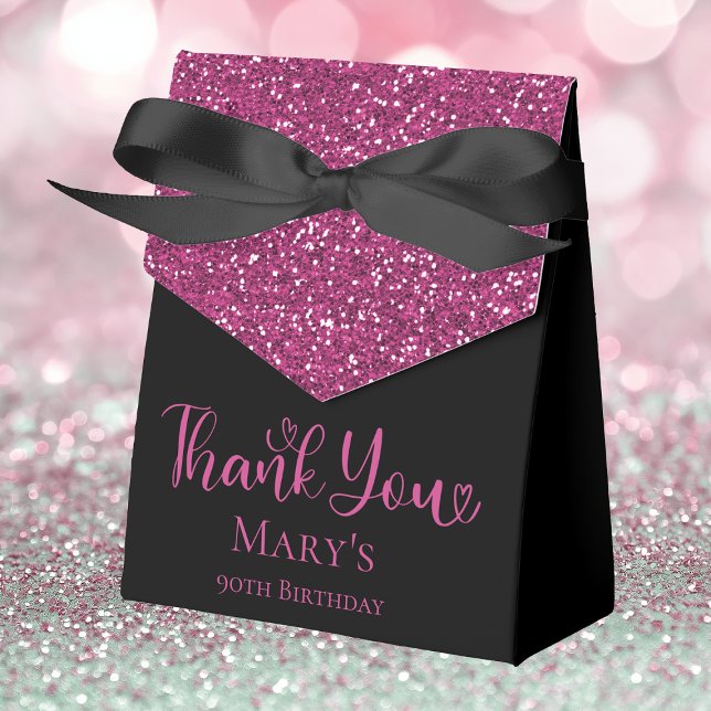 90th Birthday Hot Pink Glitter Black Thank You Favour Box (Creator Uploaded)