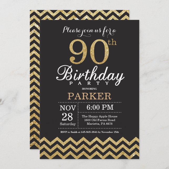 90th Birthday Invitation Black and Gold Glitter (Front/Back)