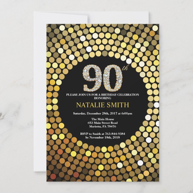 90th Birthday Invitation Black and Gold Glitter (Front)